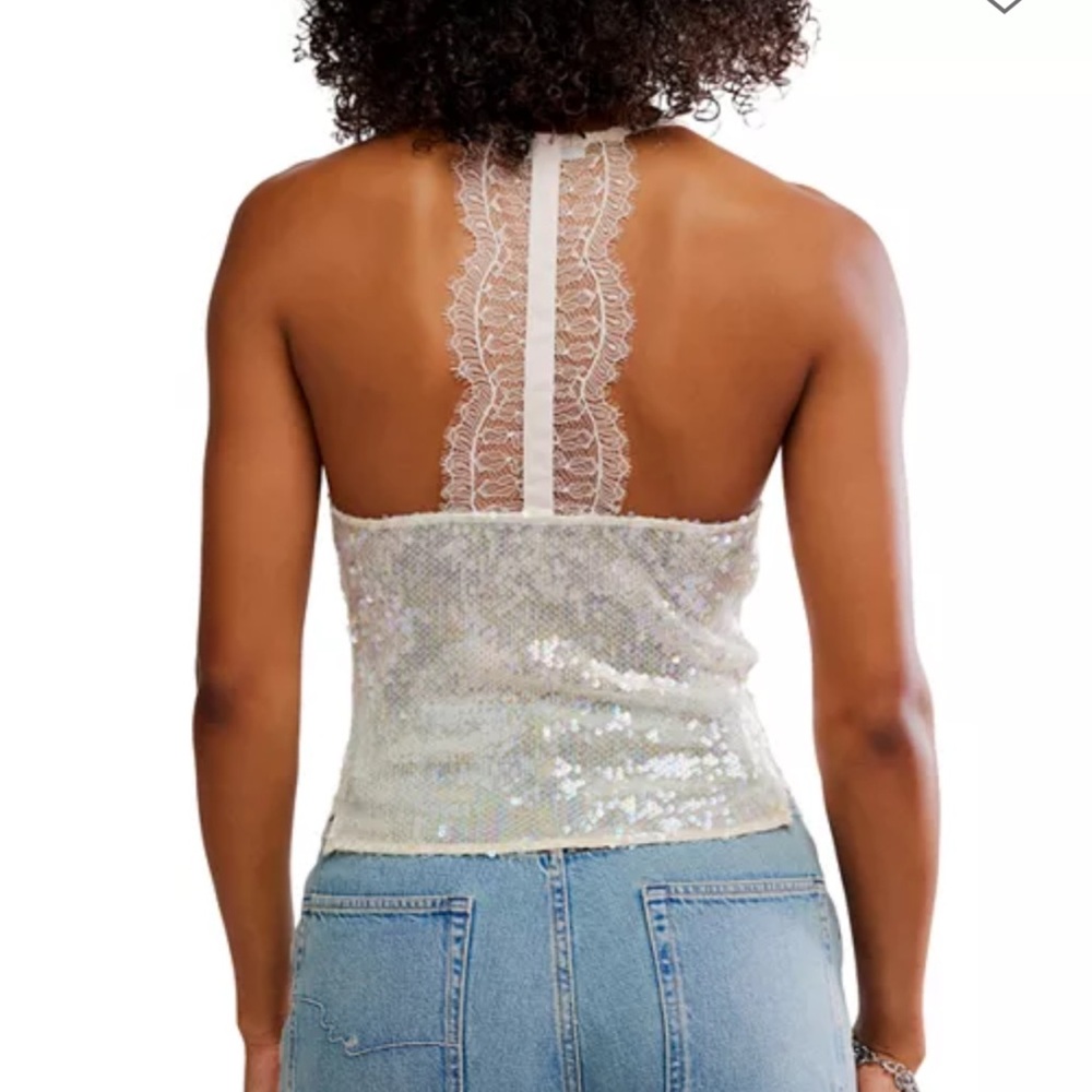 NWT Sequin Lace Halter Top Cream Free People - Picture 2 of 13